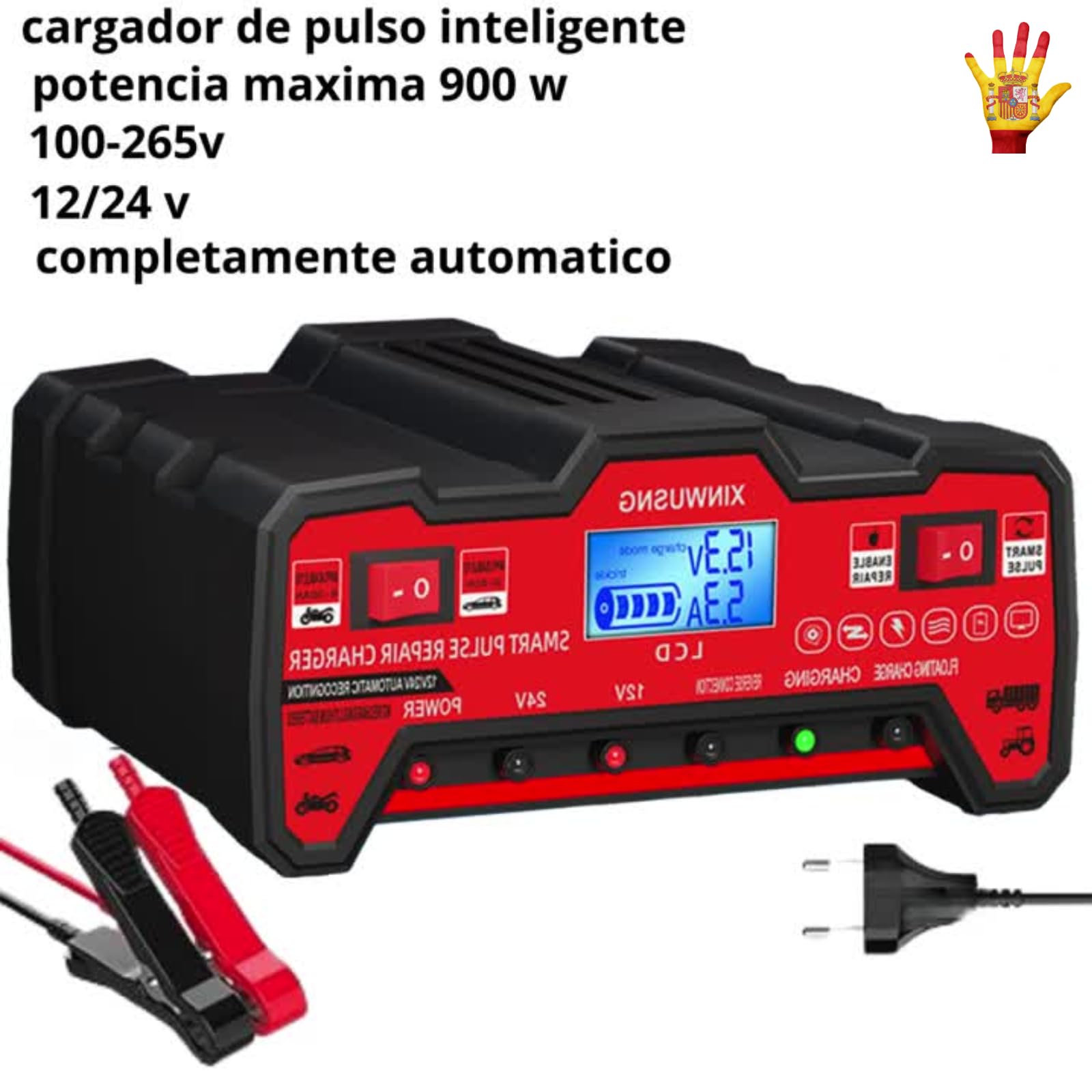 Cargador Baterías Coche- 12V/24V 900W Alta Potencia – para Coche,Moto,Tractor y camion – Compatible con Baterías de Plomo-Ácido, Reparación Inteligente por Pulso, LCD Digital -Cargador bateria Moto-