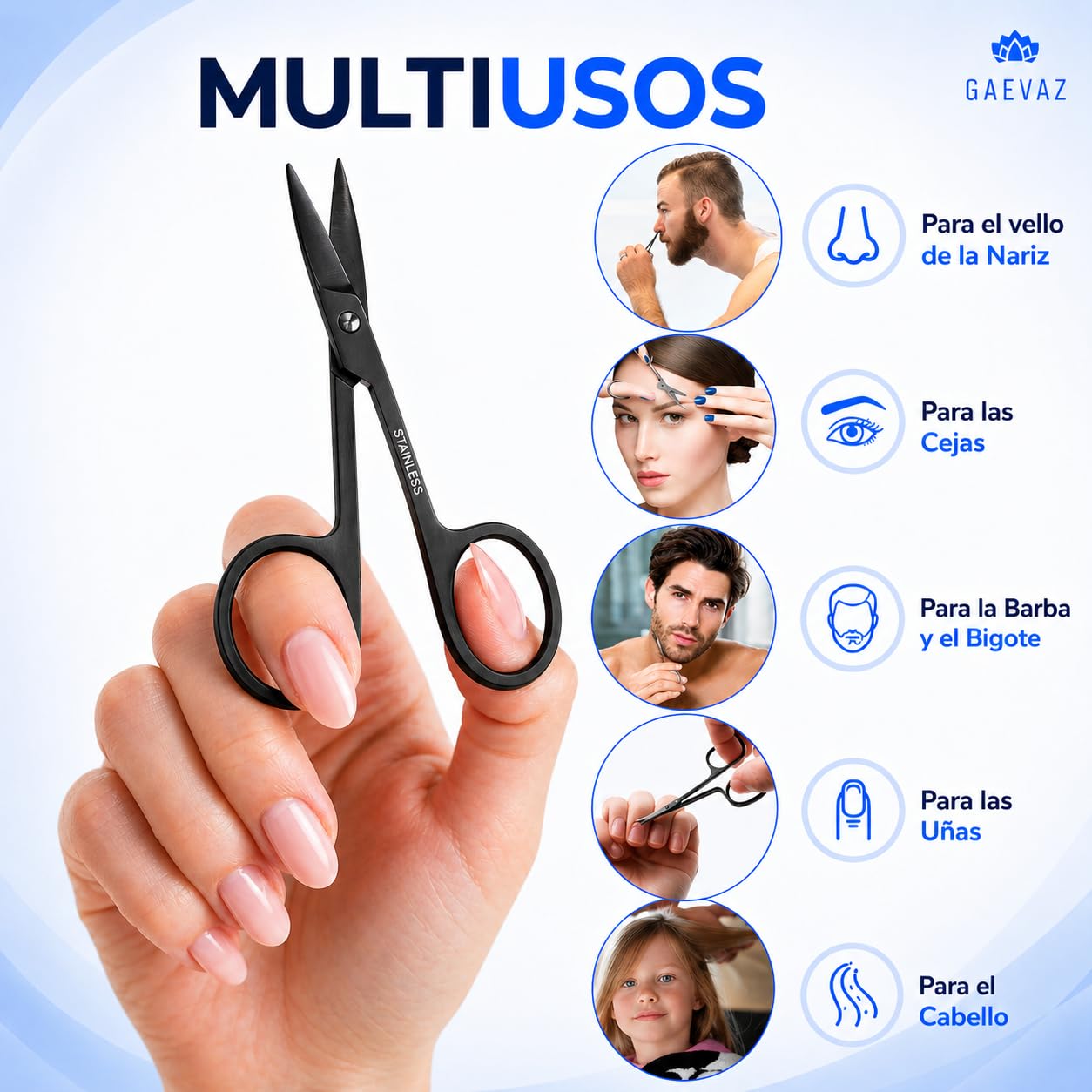 2 Tijeras Pequeñas de Acero Inoxidable para Vello Facial – 1 Punta Curva y 1 Punta Redonda – Cejas, Nariz, Oídos, Cutículas, Uñas, Barba y Bigote (Negro)