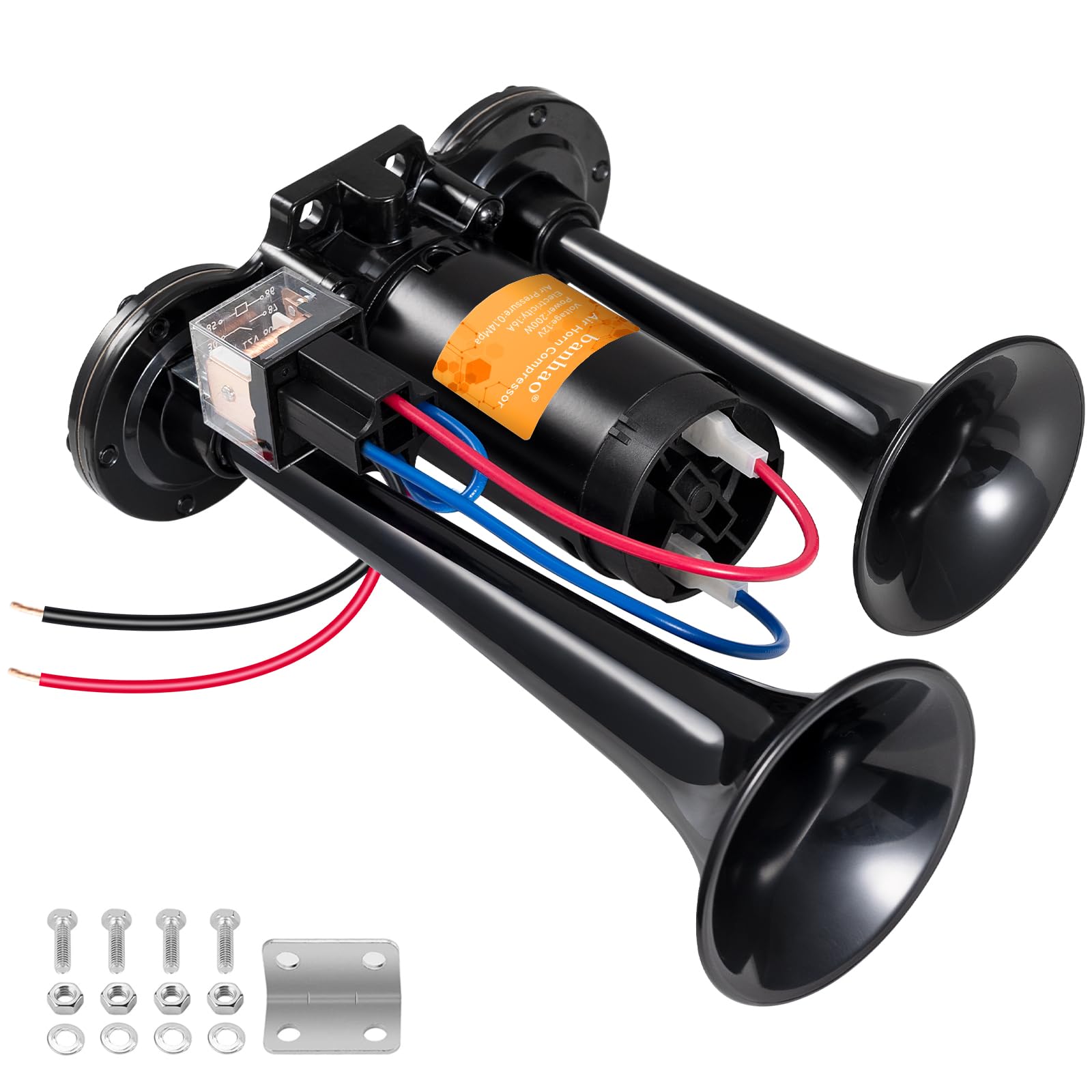 BANHAO Electric Air Horn for Truck 150dB Super Loud Black Horns Dual Trumpet with Compressor for Any 12V Vehicles Trucks Motorcycle Pickup Trains Cars