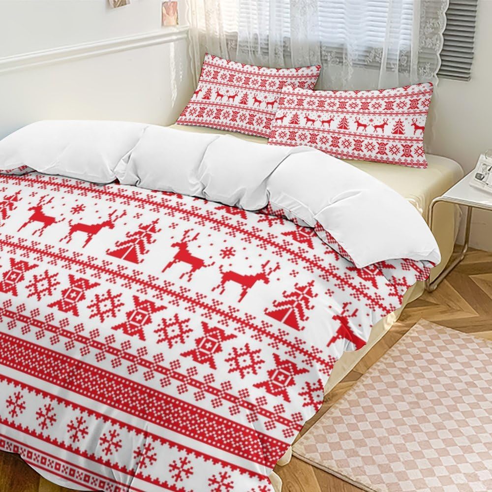 goodbath King Size Duvet Cover Set Christmas, Xmas Tree Deer Holiday Theme Bedding Set 3 Piecee, Red White - Image 3