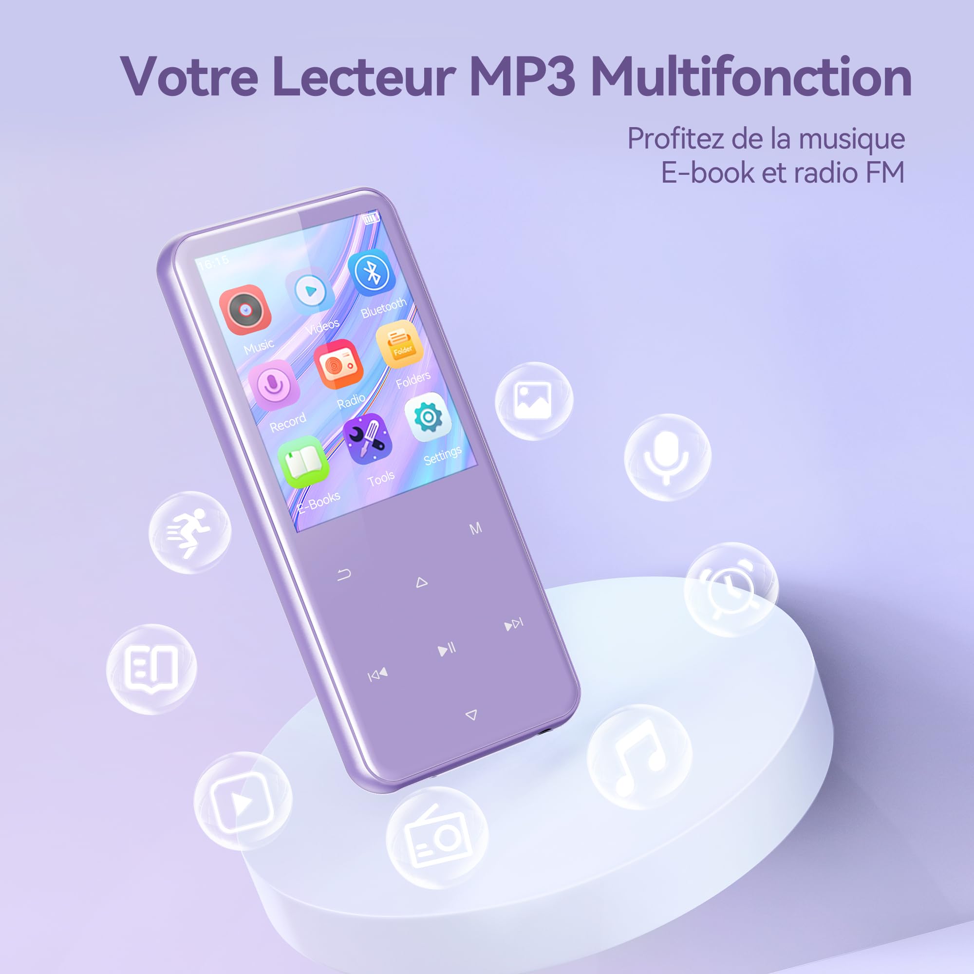 AGPTEK 64Go MP3 Bluetooth avec Haut-Parleur, 2.4" Grand Écran Lecteur MP3 en Métal Qualité Sonore HiFi Audio MP4 Baladeur Sport de Bouton Tactile Radio FM Enregistreur 60H de Musique - Violet et Rose