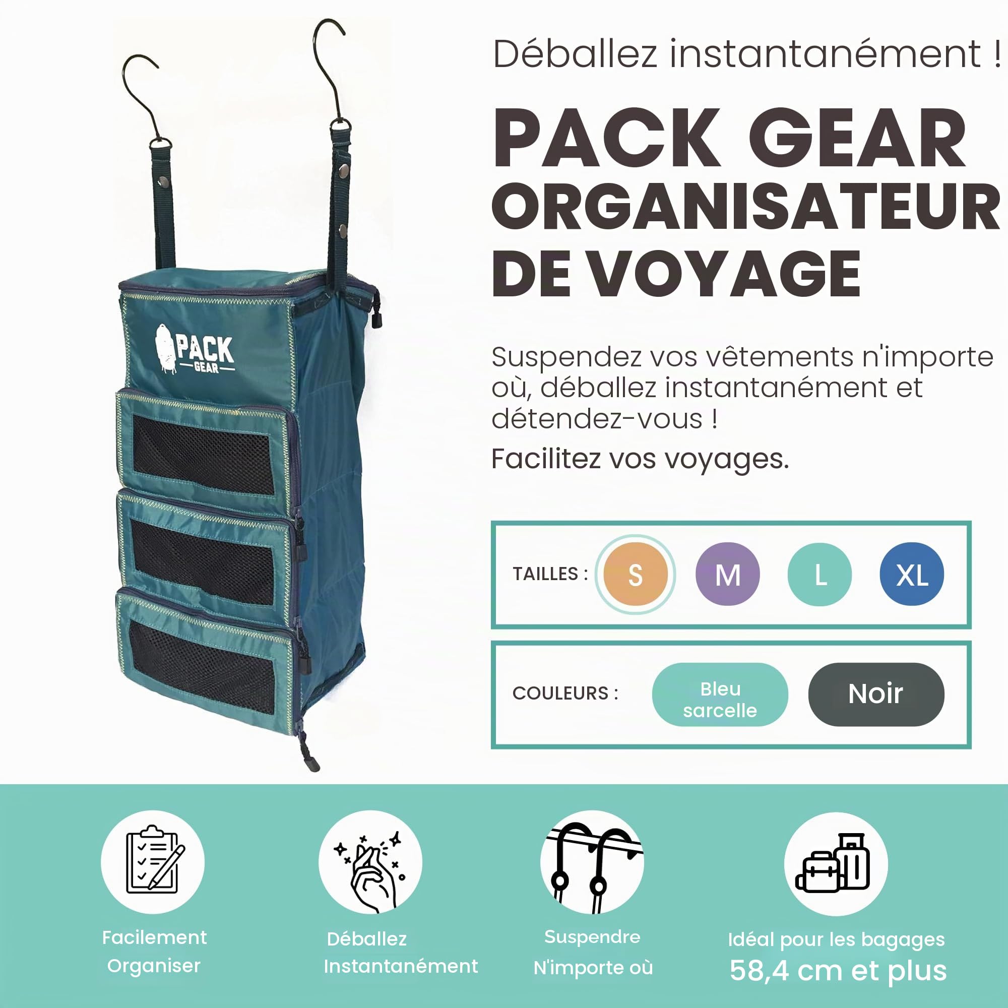 Pack Gear Organiseur de bagage à main à suspendre – Notre organiseur de bagages à suspendre standard s'adapte à tous les bagages à main – Nos cubes d'emballage pour voyager utilisent des fenêtres en