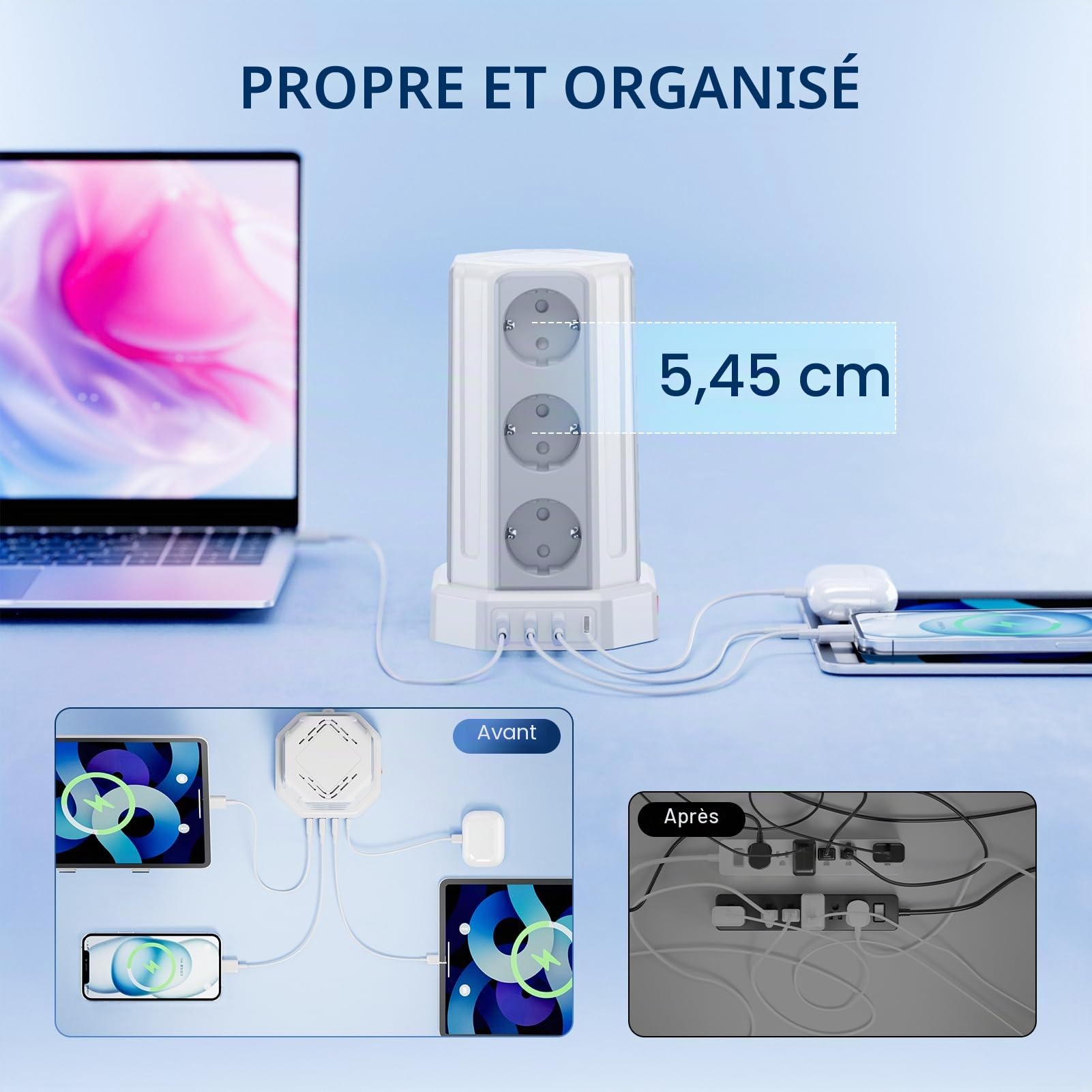 Multiprise avec Interrupteur, Tour Multiprise 12 Prises et 4 USB | 5M Rallonge Electrique 4000W Tour Multiprise pour Maison Bureau Parafoudre et Surtension