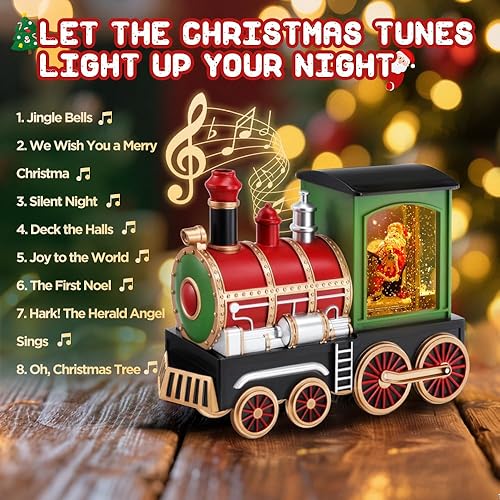 Miniatura 5 de Globo de nieve de tren musical de Navidad con escena de Papá Noel, decoración navideña LED retro con 8 canciones navideñas, lentejuelas mágicas y