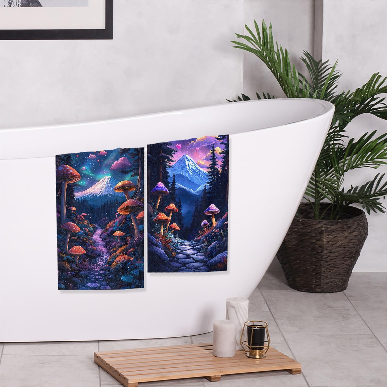 Mushroom Hand Towel Set of 2 Magical Forest with Mountain Starry Sky Absorbent Bath Towels Soft Breathable Bathroom Towel for Kitchen Hotel Spa Decor Gift 14x28 inch - Image 5