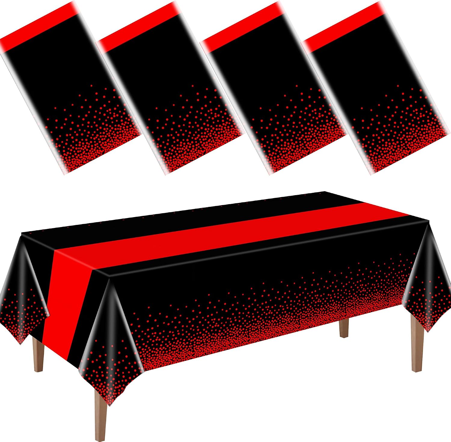 4 Pack Red and Black Disposable Tablecloth, Plastic Rectangle Black Table Cover with Printed Red Table Runner for Birthday Wedding Graduation Party Decorations, 54 x 108 Inch