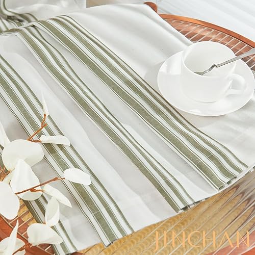 Miniatura 8 de jinchan Cortinas de lino a rayas de 84 pulgadas de largo para sala de estar, cortinas de rayas verde salvia, cortinas semitransparentes con pestaña