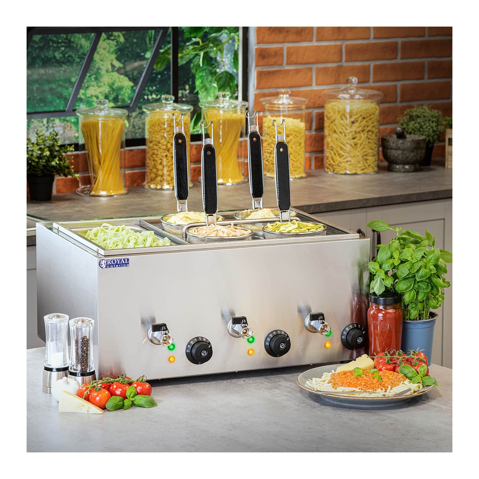 Royal Catering Cuiseur à pâtes 4 paniers Bac GN 1/3 RCNK-4-GN (3x1.000W, 50,7x60,5x50cm, capacité du récipient 4L, hauteur des paniers 14 cm)