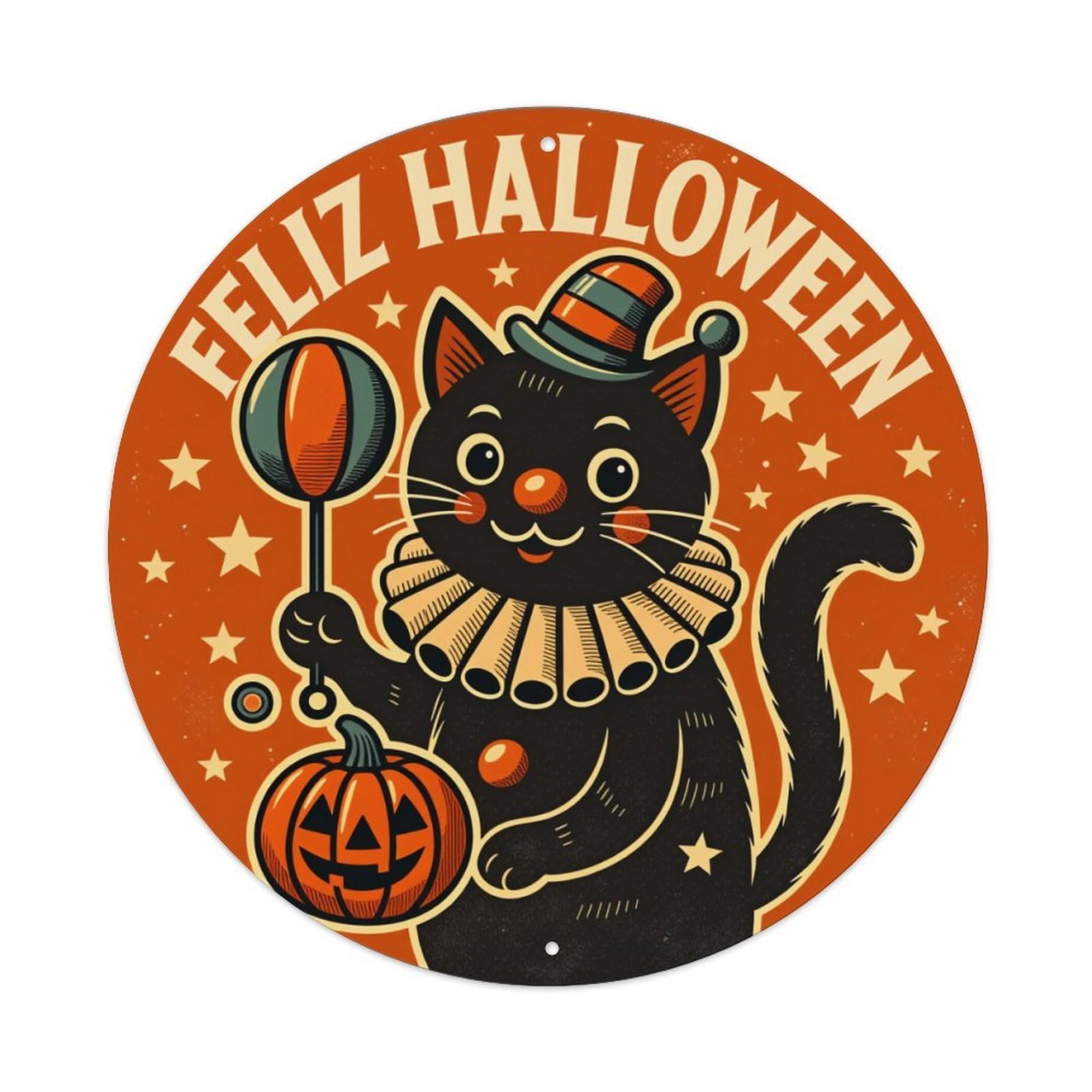 Black Cat Pumpkin Hat Stars Round Tin Sign Vintage Style Metal Sign Home Bar Garden Wall Plaque Decor Metal Poster 8x8 Inch