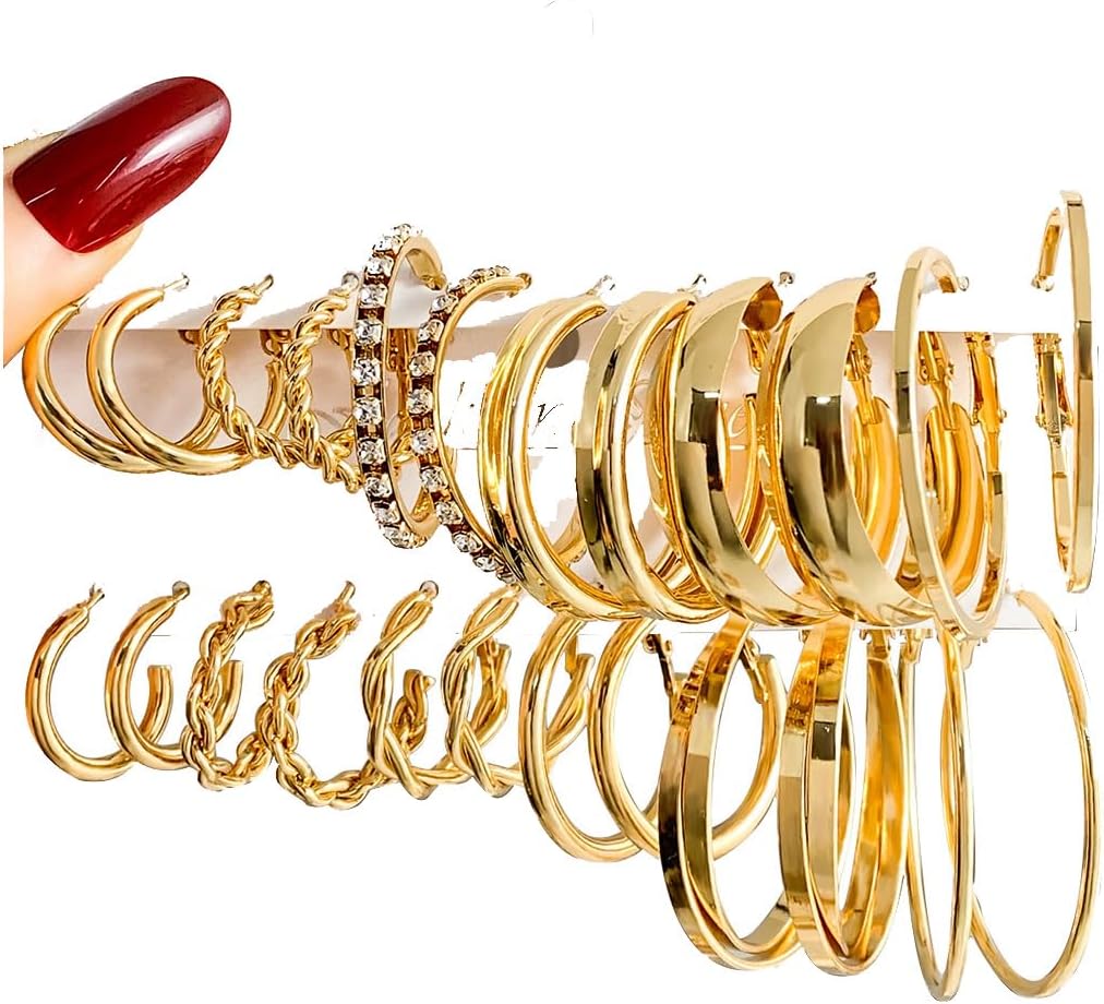 17IF 12 Pairs Gold Hoop Earring Set for Women Chunky Smooth Surface Trendy Small to Big Stud Earring Lightweight Twisted Pearl Ear Pack