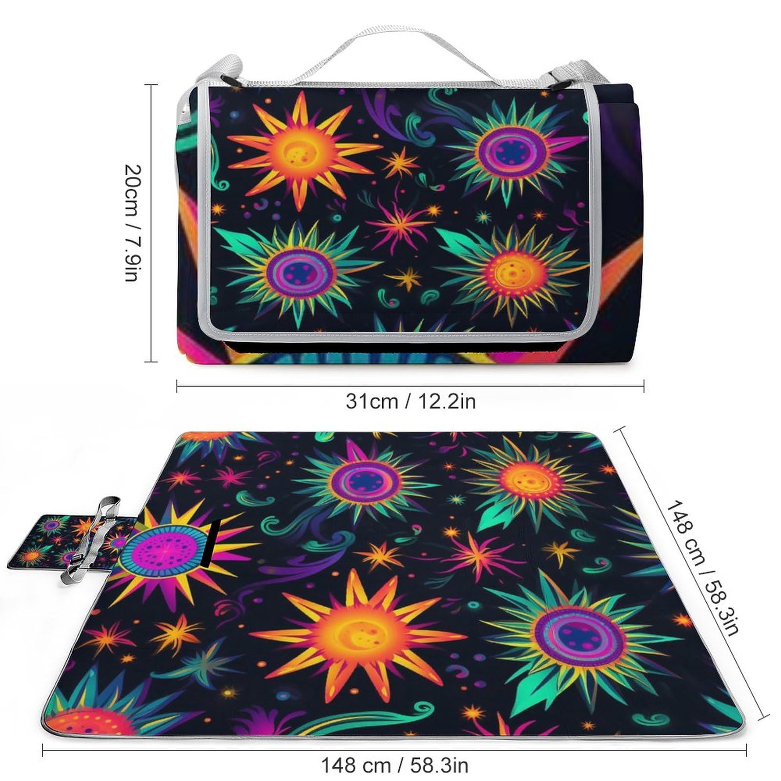 Colorful-Star Picnic Blanket Waterproof Foldable, Large Outdoor Picnic Blanket Beach Blankets Camping Blanket Travel Mat, Shoulder Strap Tote, Rectangle 58x58in
