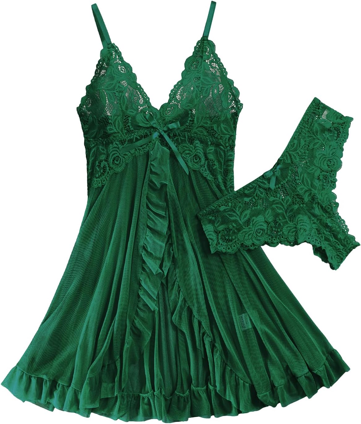 Sexy Open Front Ruffle Sheer Mesh Lace Wireless Babydoll Lingerie Dress with Thong 2 Piece