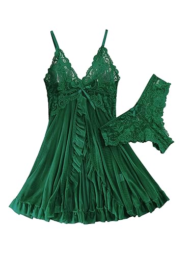 Sexy Open Front Ruffle Sheer Mesh Lace Wireless Babydoll Lingerie