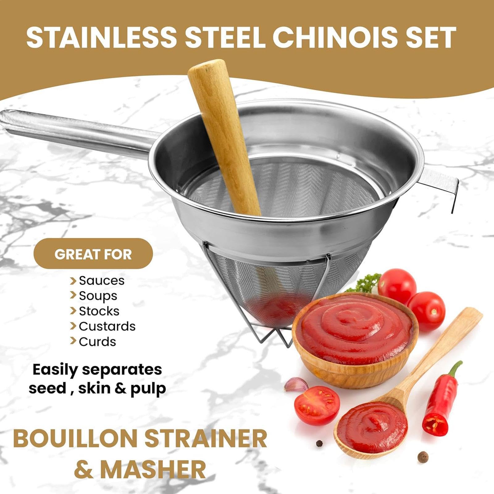 Qianly Colador de Tapa de China, Separador de Cono de Malla Fina, Cesta de Filtro de Cocina para Salsas, Gelatinas Y Té, Utensilio de Acero Inoxidable, 31.5 Cm