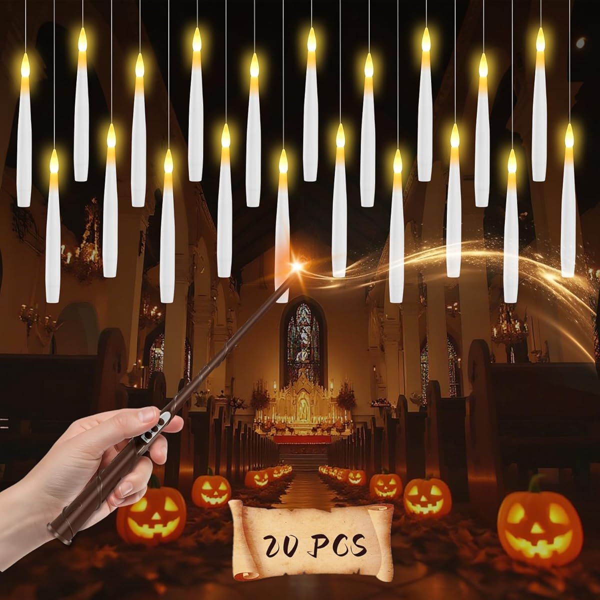 Floating Candles with Wand, 20 Pcs Magic Hanging Flameless LED Candles, Battery Operated Flickering Lights with Wand Remote for Halloween Indoor Decor, Halloween Decorations Party Gift