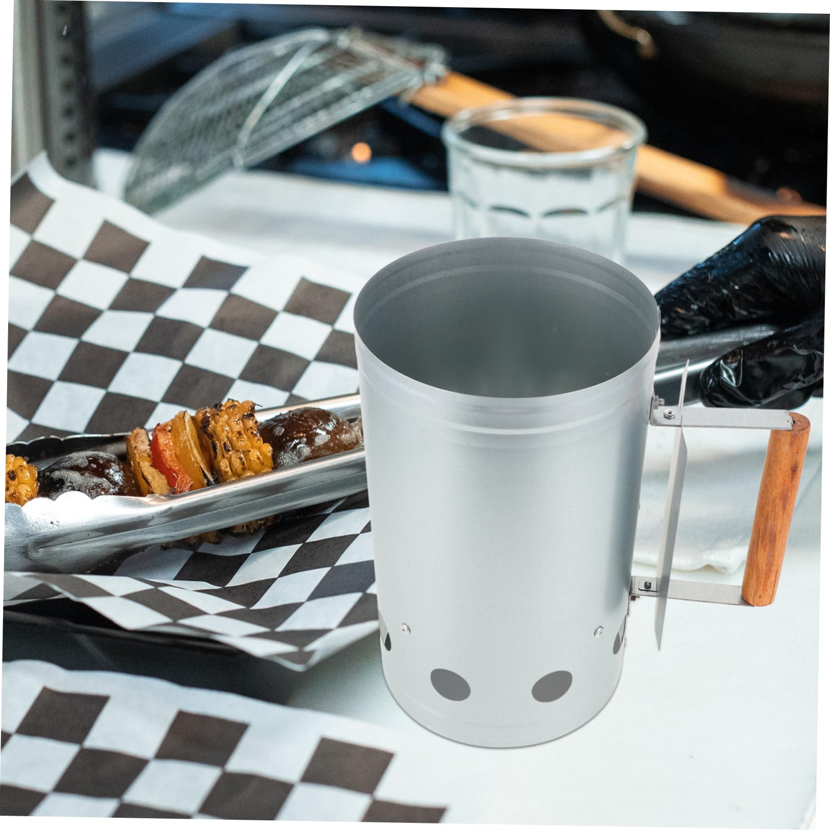 Accenditore Carbone Barbecue in Acciaio Inox con Manico in Legno | Argento, Design Portatile e Leggero, per Picnic e Grigliate All'aperto