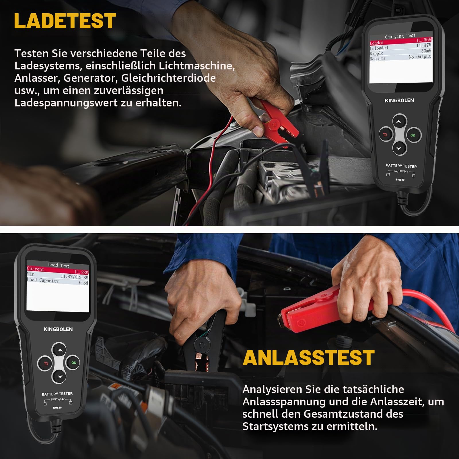 KINGBOLEN BM520 6V/12V/24V Autobatterietester, 100-2000 CCA Batterietester Kfz mit Batteriestatusprüfung Anlasstest Ladetest, Lichtmaschinen Tester für Auto Motorrad ATV SUV LKW Boot