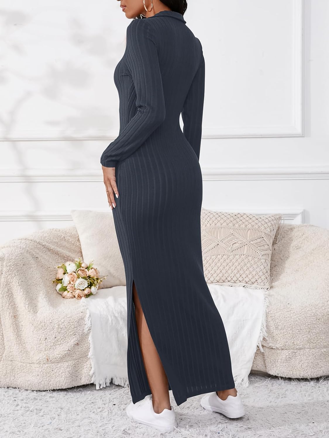 Women's Casual Long Sleeve Collar V Neck Maxi Sweater Dress Sexy Slit Thigh Ribbed Knit Bodycon Pencil Dresses - Image 4