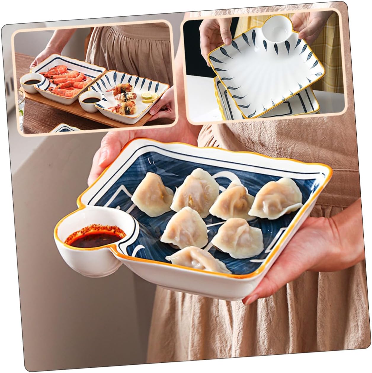 Angoily Ceramic Japanese Sushi Tray and Dipping Plate Set, 4pcs Assorted Japanese Style Sushi Serving Plates for Home Dining and Appetizers Random Color