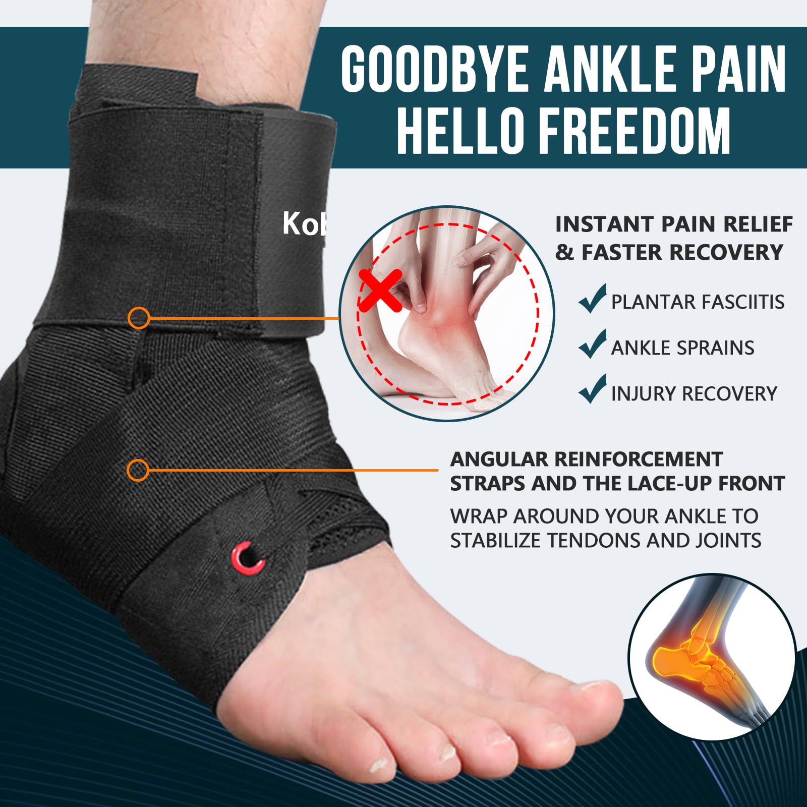KobePro Ankle Brace for Sprained Ankle - Lace Up Adjustable Support, Figure 8 Ankle Braces, Adjustable Ankle Support Ankle Stabilizer for Running, Basketball, Injury Recovery, Soccer (Large)