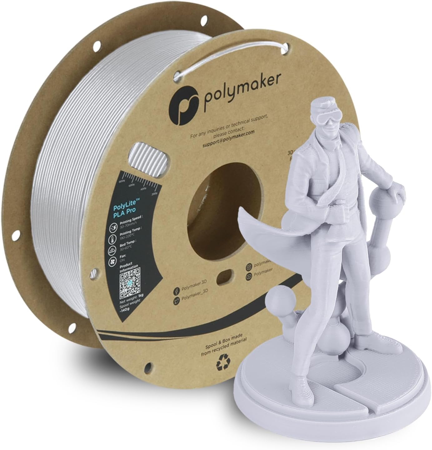 Polymaker PLA PRO Filament 1.75mm Cold White, Powerful PLA Filament 1.75mm 3D Printer Filament 1kg - PolyLite 1.75 PLA Filament PRO Tough & High Rigidity 3D Printing PLA Filament White