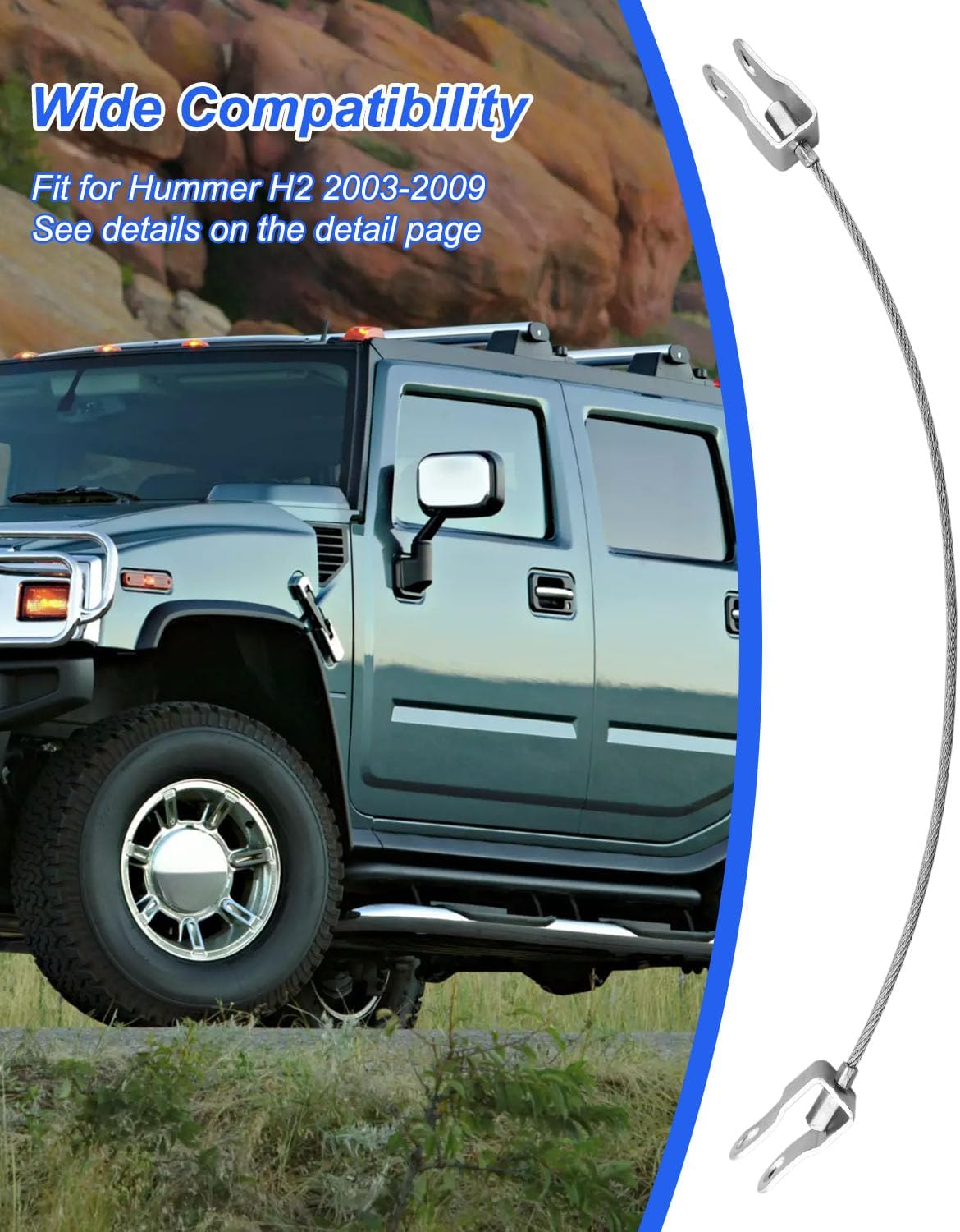 Front Right or Left Hand Side Stainless Steel Hood Cable Fit for Hummer H2 2003-2009 Replace 15146196, Hood Check Cable Safety Catch Lock Line