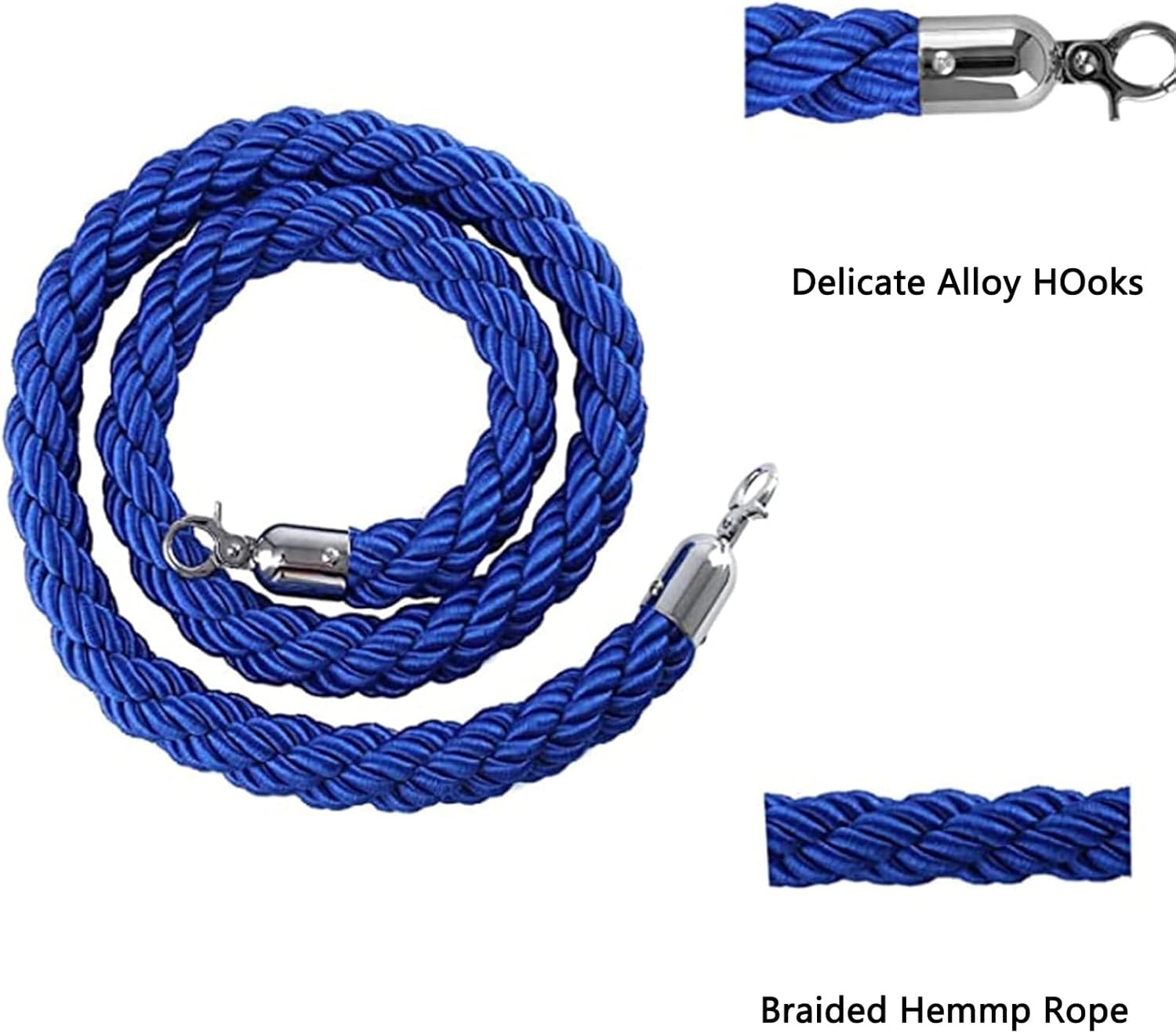 Queue Barrier Ropes with Silver Hook,Stanchion Rope 1/1.5/2/2.5/3meter, Crowd Control Rope, Braided Hemp Rope for Queue Divider (Bule 1.5meter)