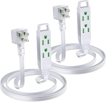Maximm 2 Ft Flat Wire Extension Cord, 16 AWG, 3-Outlet, Loop, White, ETL, 2 Pack