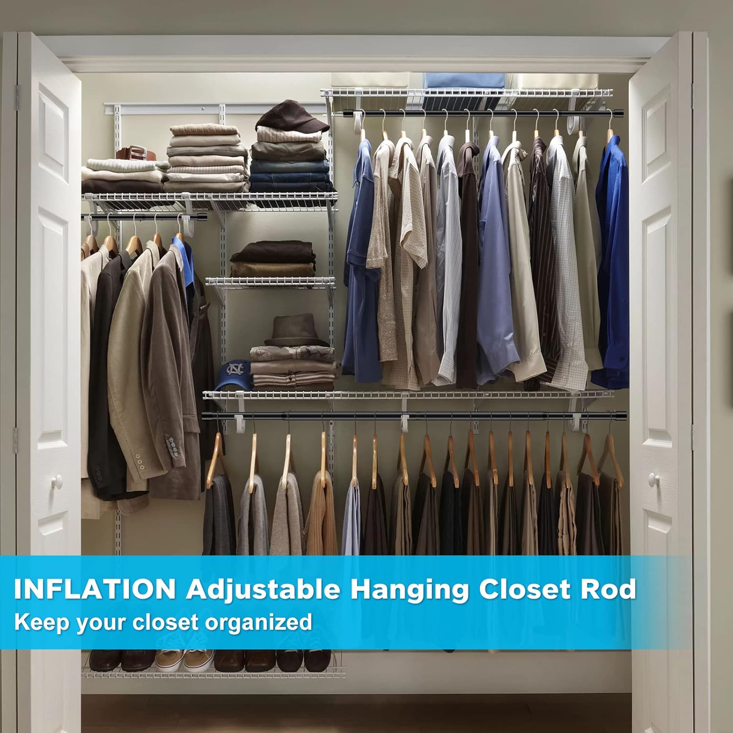 INFLATION Adjustable 2 Pack Closet Rod 15-25 Inch Width, 35 Inch Height Black Stylish Clothes Rack for Perfect Organizer With Tension Rod Fits Hangers Ideal For Women, Men, and Kids