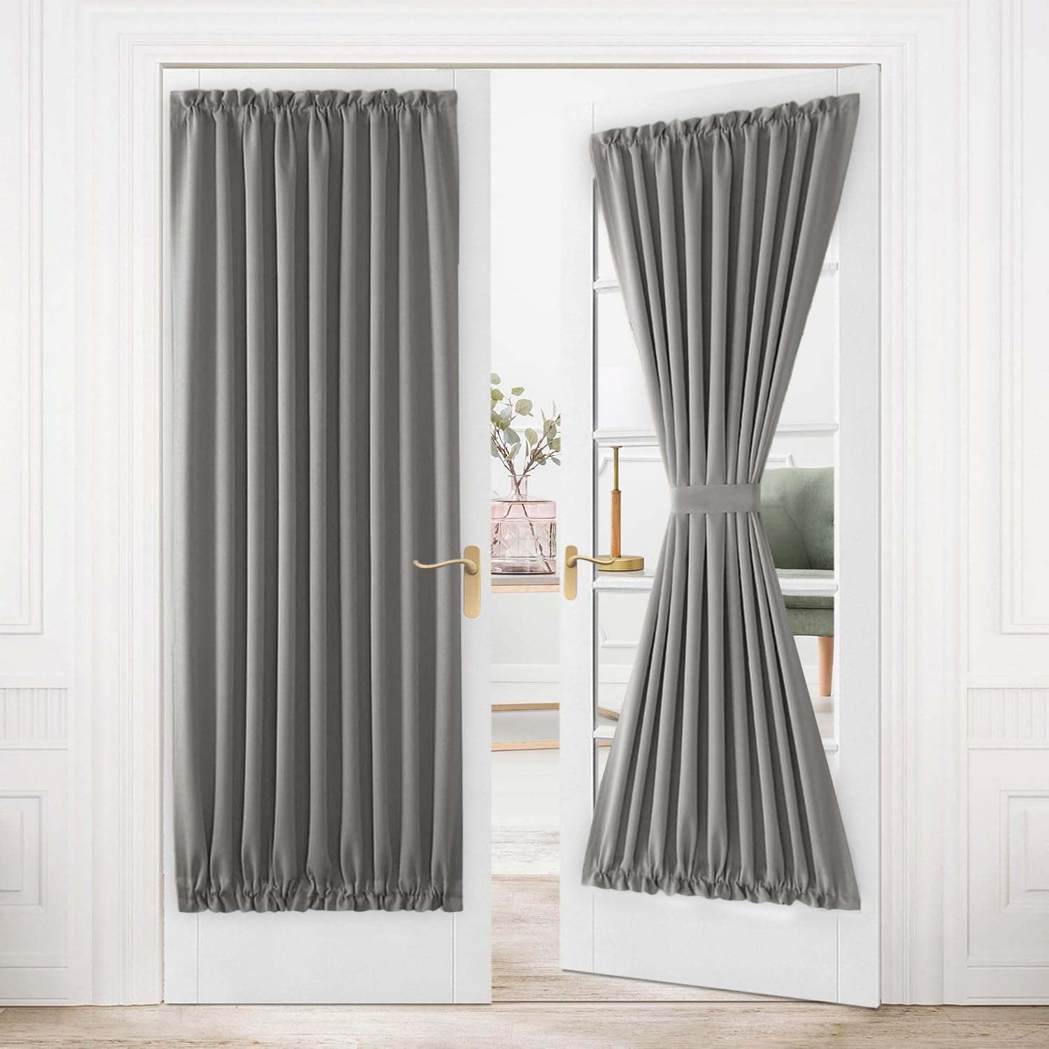 DWCN French Door Curtains – Rod Pocket Thermal Blackout Curtain for Doors with Glass Window, Kitchen and Patio Doors for Privacy, 54 X 72 Inches Long, 1 Curtain Panel with Tieback, Grey — image 1