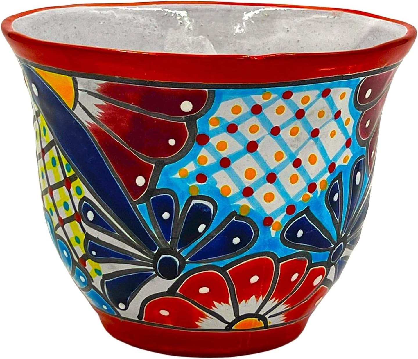 Cactus Canyon Ceramics JAPONESA Mexican Talavera Planter Pot (7.5" D x 7.5" W x 6" H) Hand Painted - RED Trim - Mexican Decor Planter