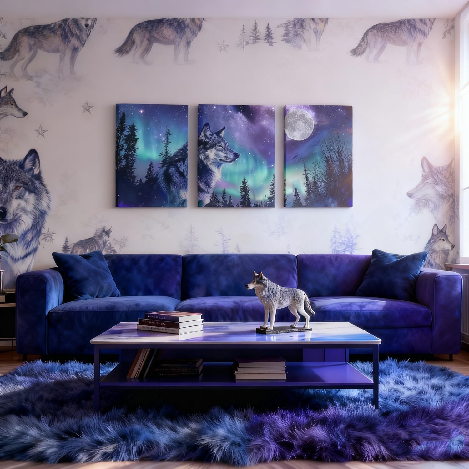 Galaxy Wolf Canvas Art Prints,Starry Sky Framed Wall Art Aesthetic Woodland Animals Wall Art for Living Room,Blue Purple Green Polar Lights Canvas Artwork Paintings 3 Piece Pictures Wall Decor