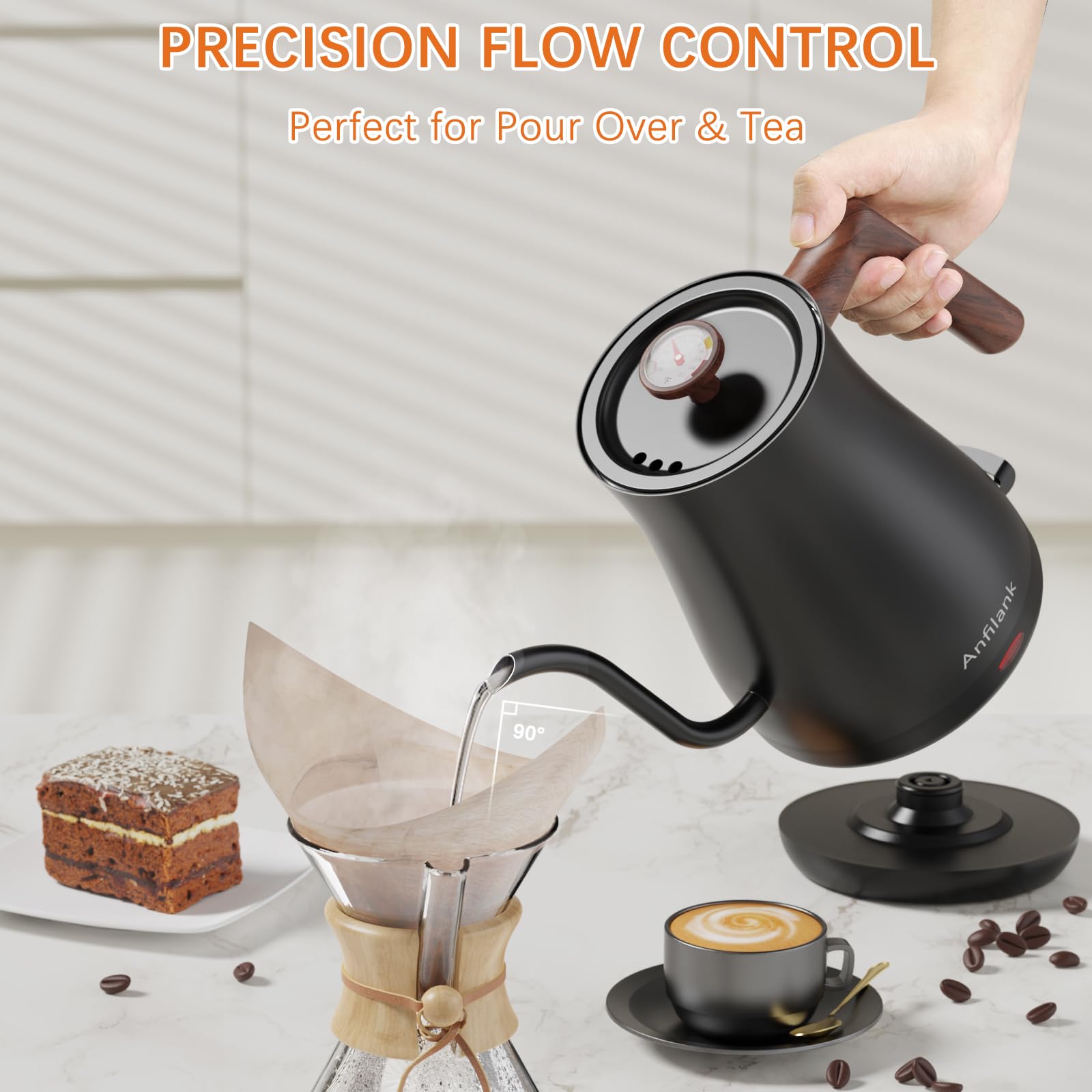 Anfilank - Hervidor eléctrico de cuello de cisne con termómetro, tetera eléctrica pequeña de 0,8 L, calor rápido de 1200 W, vertido de precisión para café y té, apagado automático y protección contra