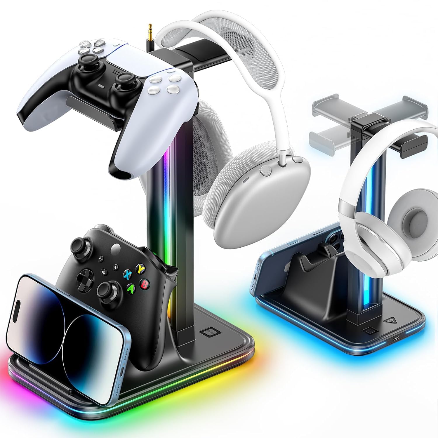 Supporto per cuffie e controller 4 in 1 per scrivania, supporto per cuffie rotante a 360° con supporto per telefono, 10 modalità RGB per accessori da gioco Mesa Gamer, P5/SW/Xbx Levitating Gaming