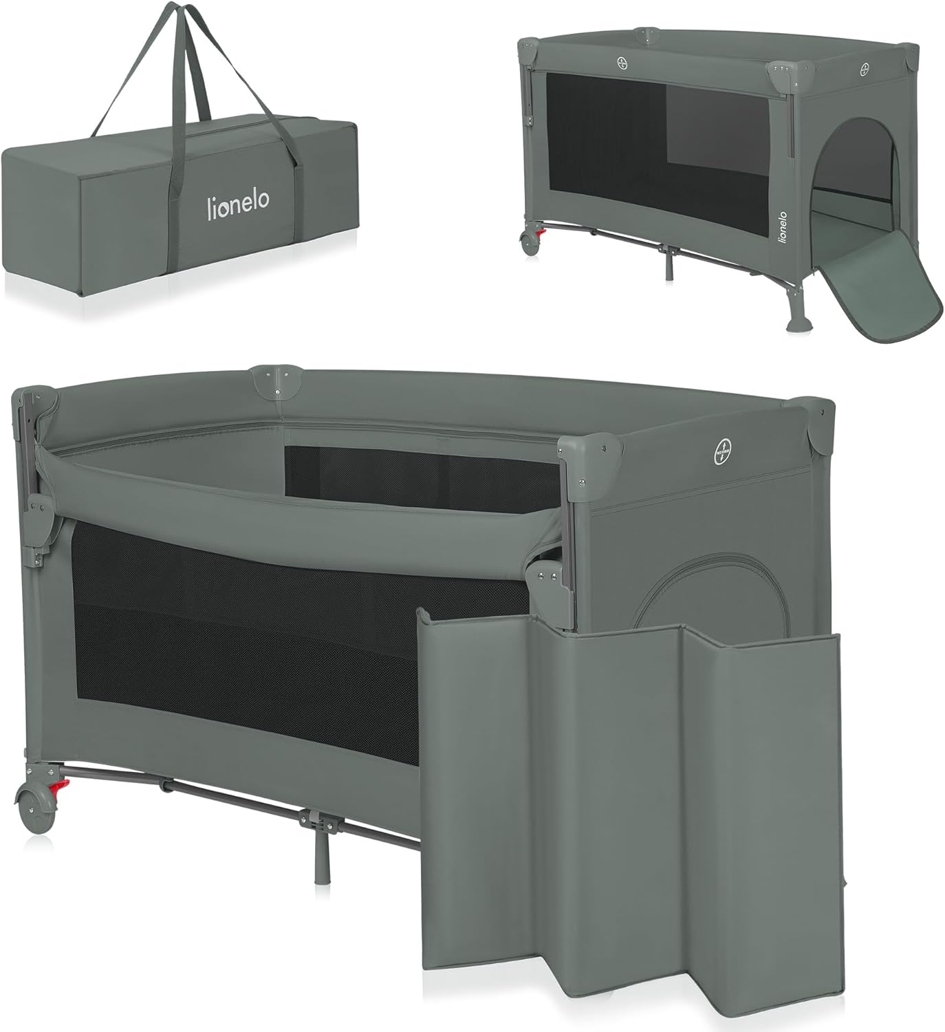 Lionelo Ellen Travel Cot in its folded state inside the transport bag, and assembled