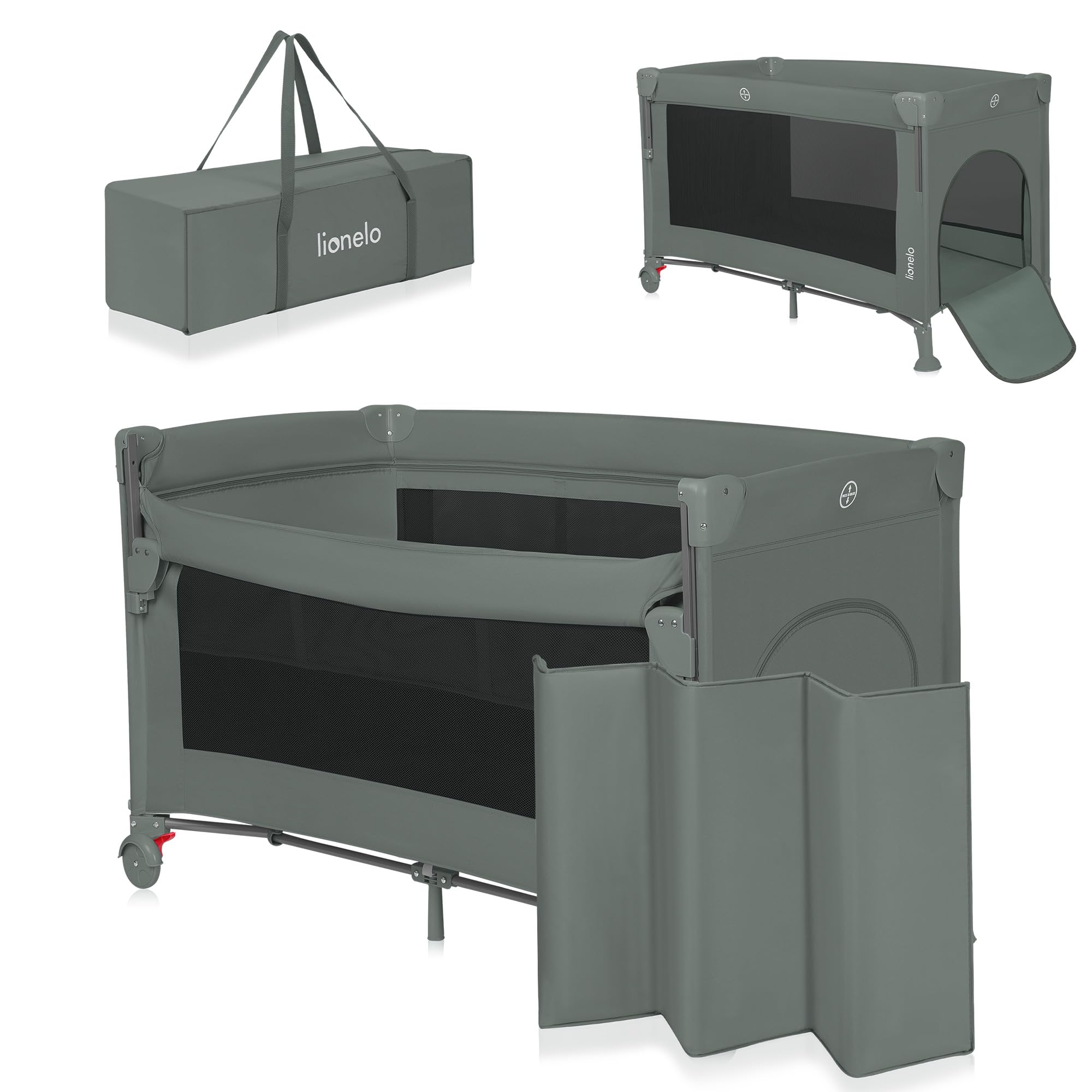 Lionelo Ellen 3-in-1 Travel Cot with 2 Height Levels | Co-Sleeper – Drop-Side Bedside Crib | Playpen - Zipped Side Entrance, Wheels with Brakes, Carry Bag & Mattress – from Birth to 36 Months