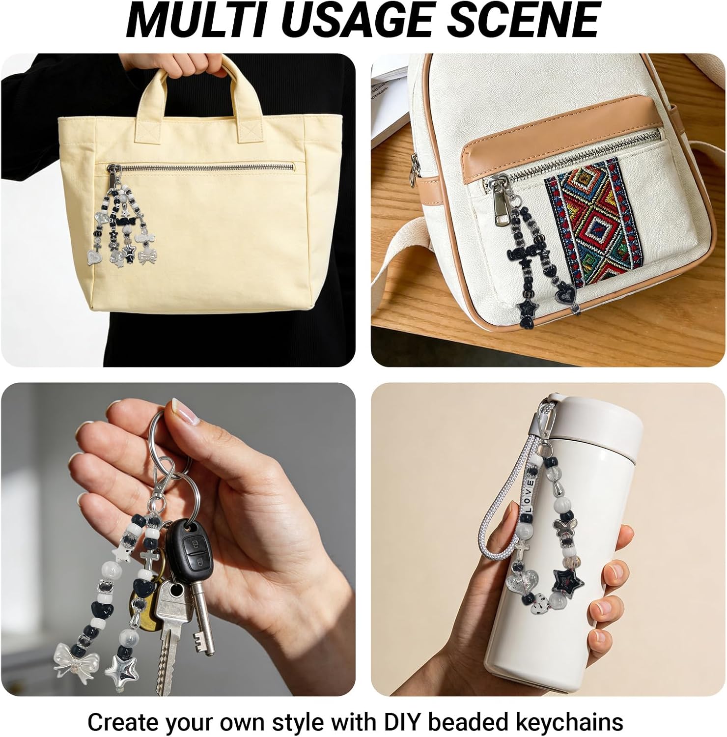521Pcs Black Bead Keychain Making Kit for Women, Acrylic Bag Charm Kit image 4