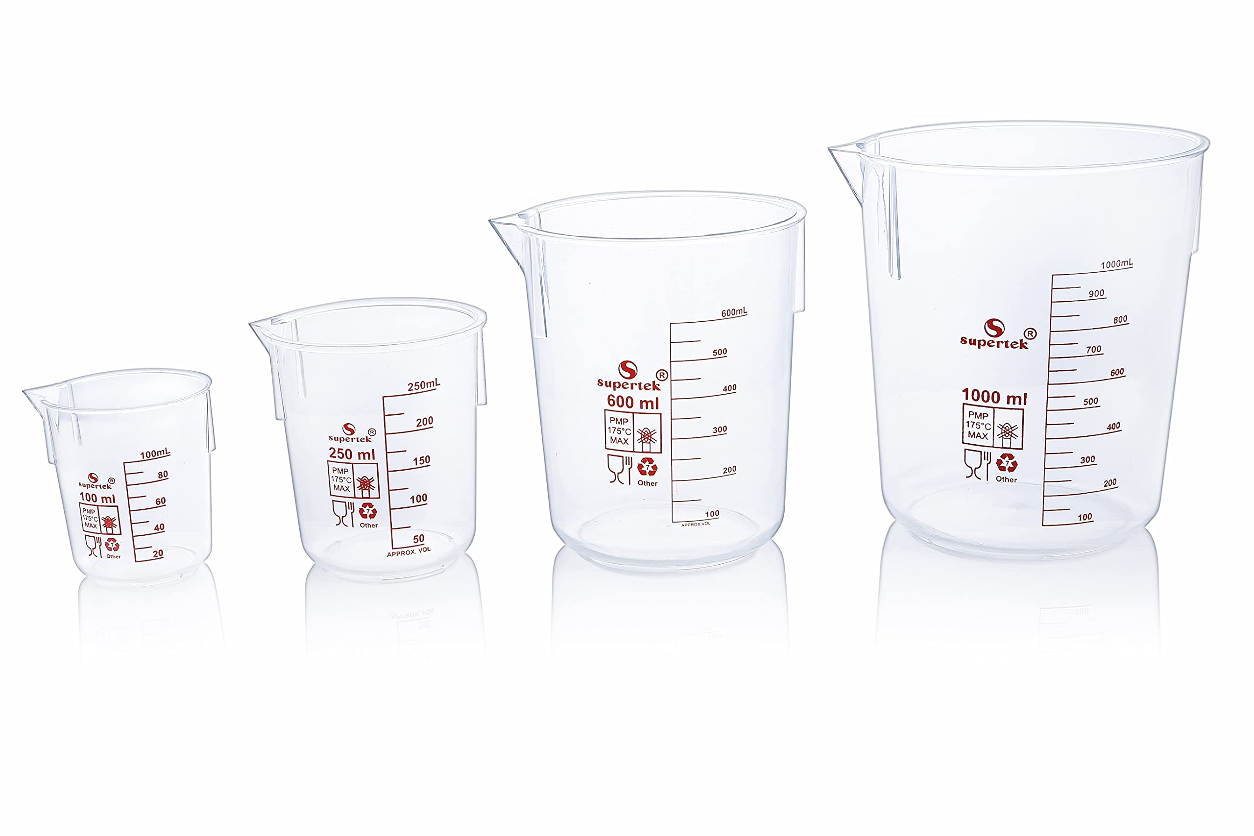 Supertek Set of 4 PMP (TPX) Plastic Measuring Beaker | Solid and Liquid Measuring Jug | Highly Transparent & Chemically Resistant for Laboratory | Kitchen Use