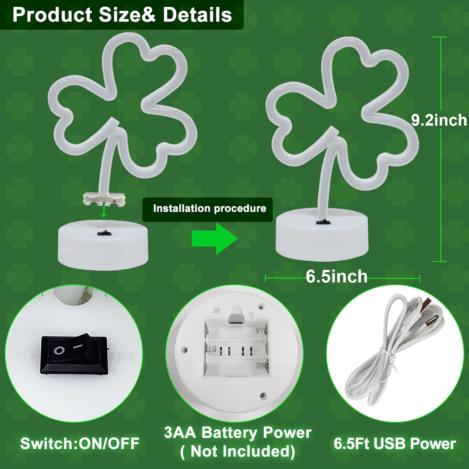 2 Pack St Patricks Day Decorations Neon Signs with Holder Base, USB or Battery Operated Neon Light Green Lucky Clover Lights, LED Table Decoration for Bedroom Indoor Wedding Kids Room Birthday Party