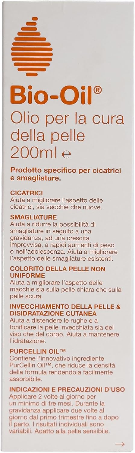 BIO-OIL Olio per cicatrici e smagliature - Trattamento per la pelle con azione idratante, cicatrizzante e anti smagliature - Indicata per pelli sensibili - 200 ml