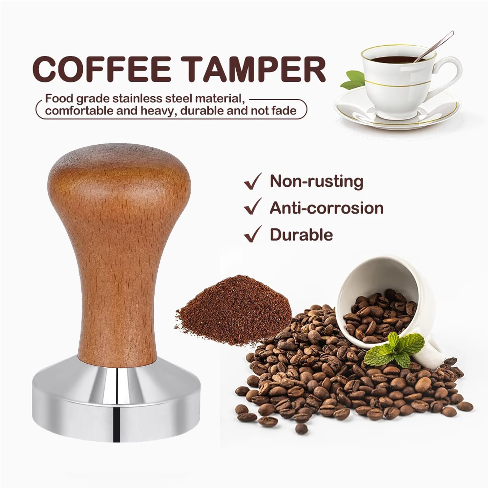 Presse à Café (tamper) Espresso 51 Mm - Acier Inoxydable, Manche En Bois - Pour Machine à Café - Avec Sous-verre - 11