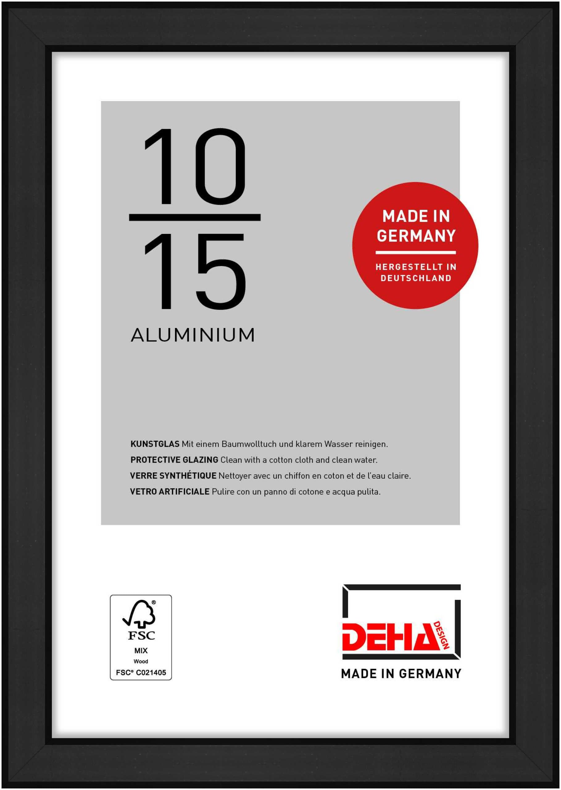 Deha Design Jet Black Matt Boston Aluminium Picture Frame - 10X15 cm (4X6 in) – Matt Black - With Synthetic Glass And Push/Turn Clips