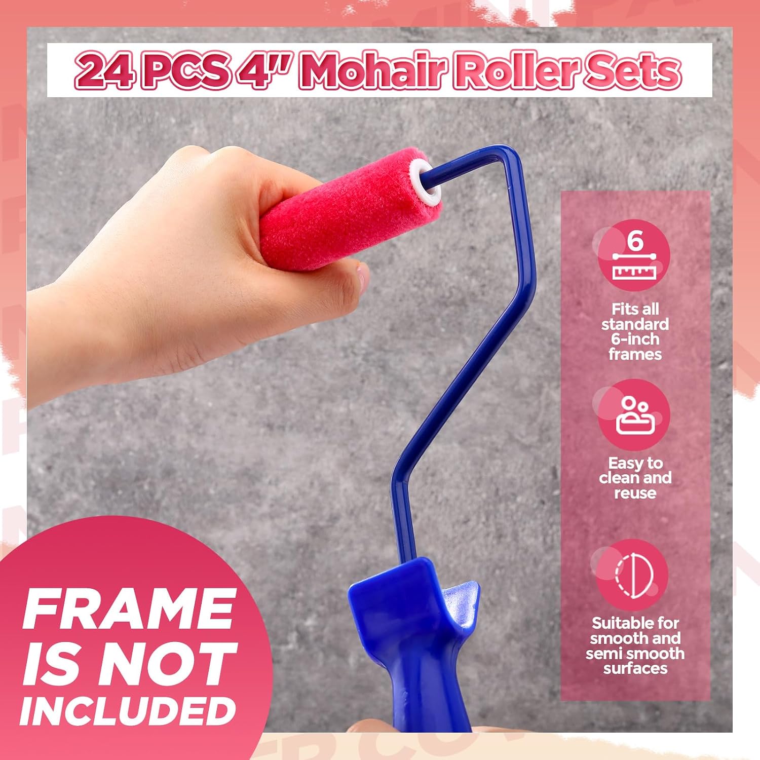 Leumoi 24 Pcs 4 Inch Mohair Paint Roller Covers 3/16" mini Shedding Resistant Small Painting Rollers Fits All Flat Surface Kitchen Cabinets, Doors, Tables, Works with All Paints and Stain (Pink)