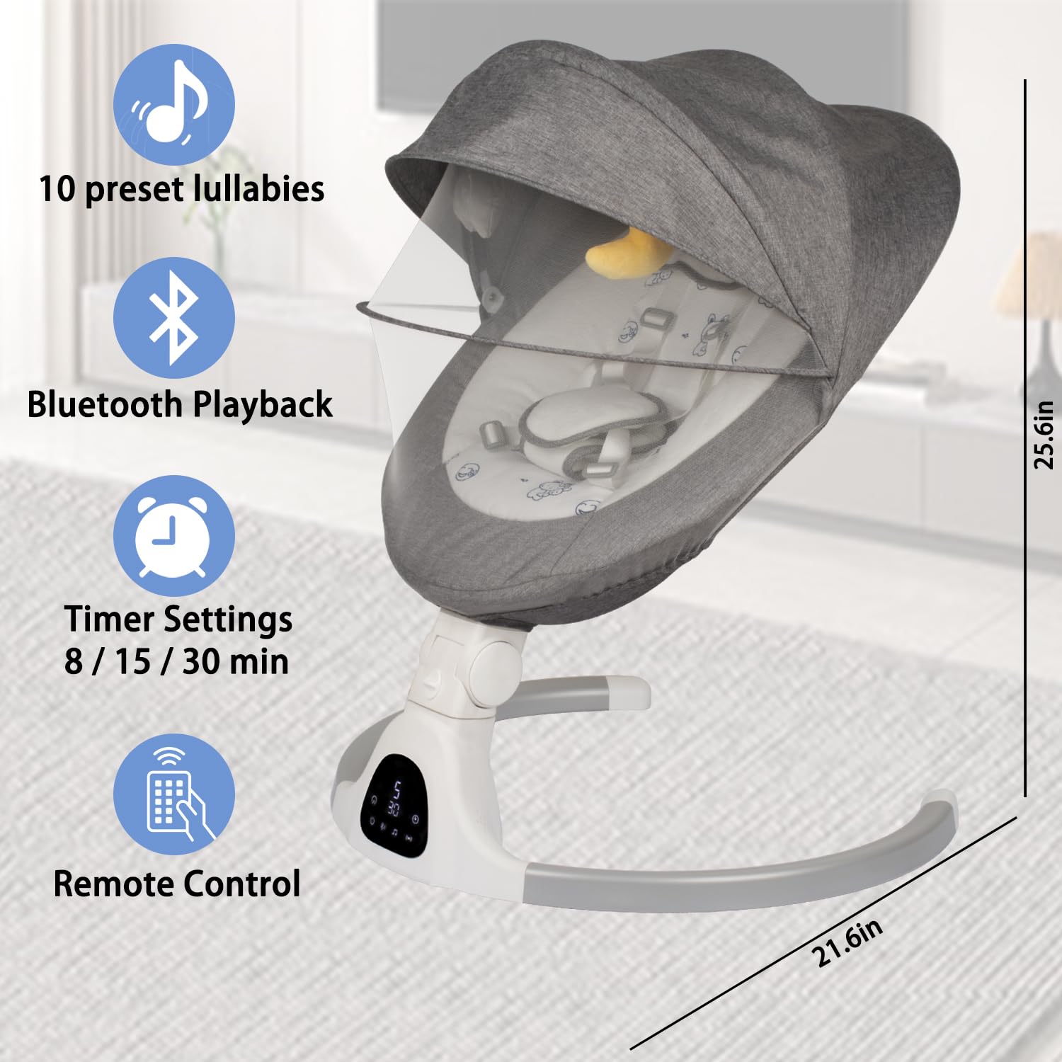 Baby Swing for Infants to Toddler Portable Babies Swing Timing Function 5 Swing Speeds Bluetooth Touch Screen Music Speaker with 10 Preset Lullabies 5-Point Carabiner