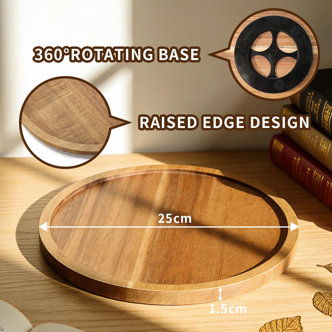 WLWNWFT Plato giratorio organizador Lazy Susan 25 cm, placa giratoria de madera de acacia, estante para especias giratorio para cocina, plato redondo para tartas, bandeja de queso, bandeja giratoria