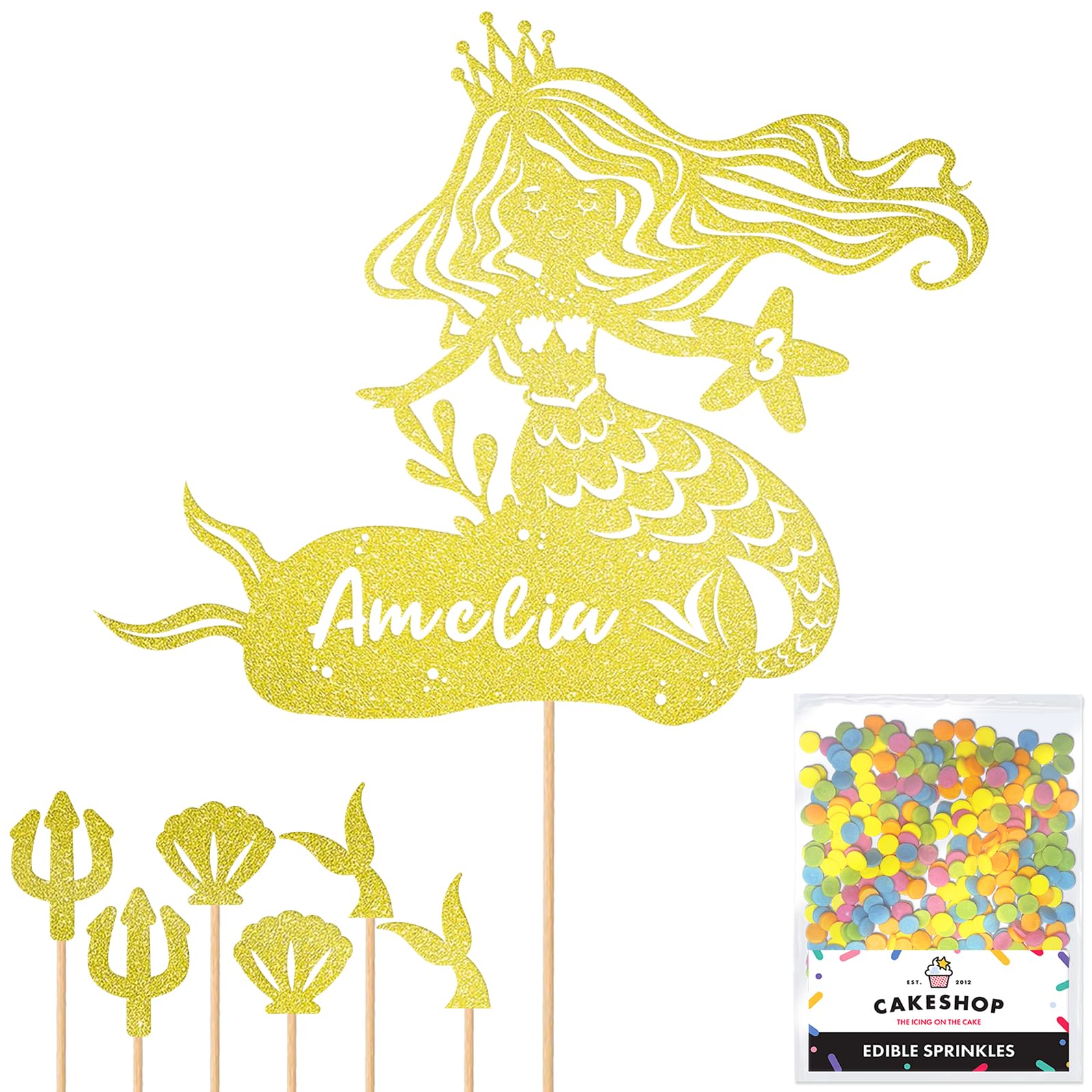 Personalised Birthday Mermaid Glitter Cake Topper- Champagne Any Custom Age & Name Glitter Cake Decoration and Sprinkles - Happy Birthday Decorations - Personalised Toppers for Cakes by Cakeshop