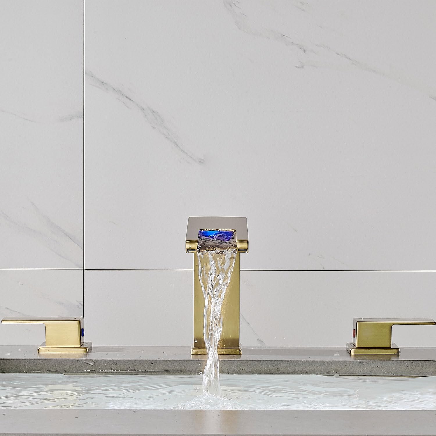 LED Bathroom Faucet 3 Hole, Brushed Gold Waterfall Bathroom Faucets, 8 Inch Widespread Modern Bathroom Sink Faucet, Wide Spread Touch On Three Hole 2 Handle Bathroom Vanity Faucet - Image 9