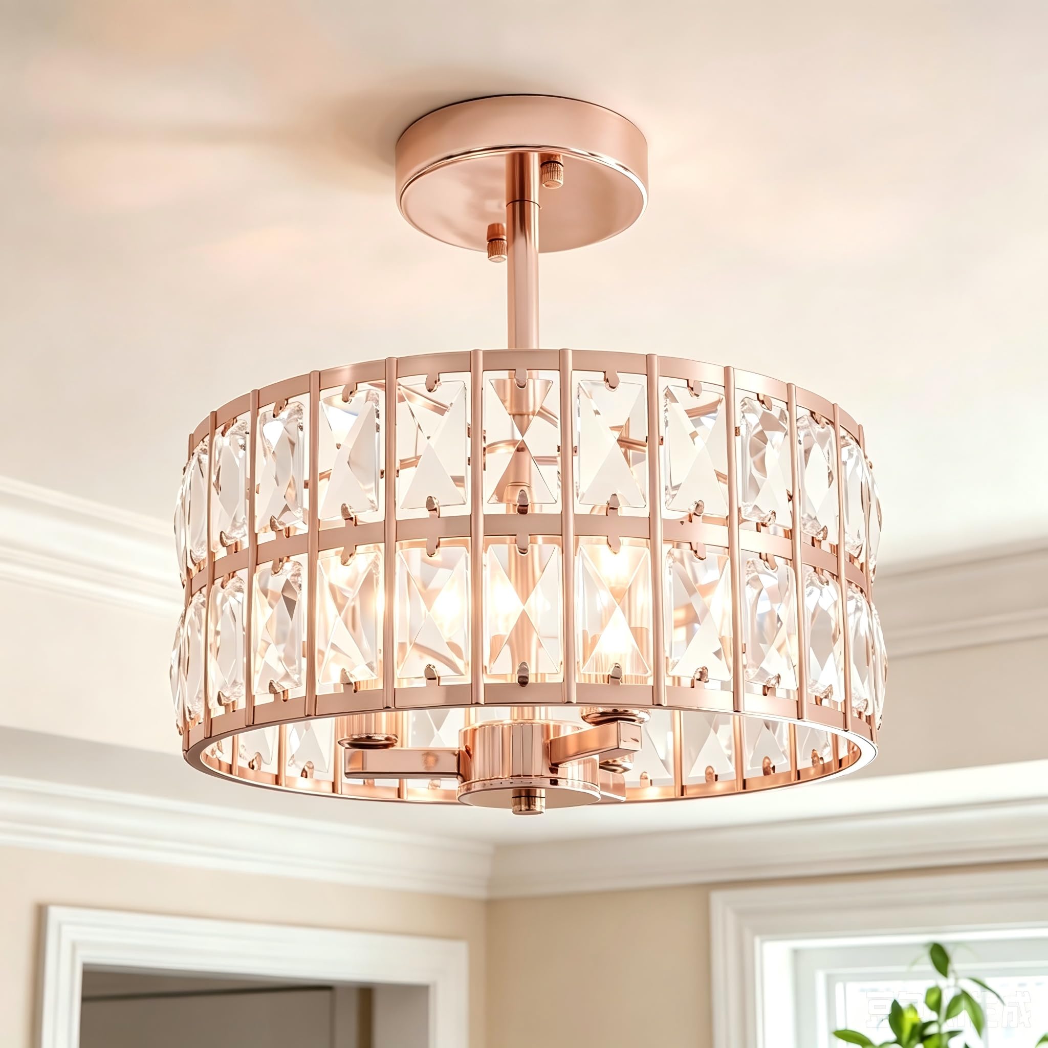 Gold Crystal Ceiling Lights Fixture 3-Lights, Round Modern Semi Flush Mount