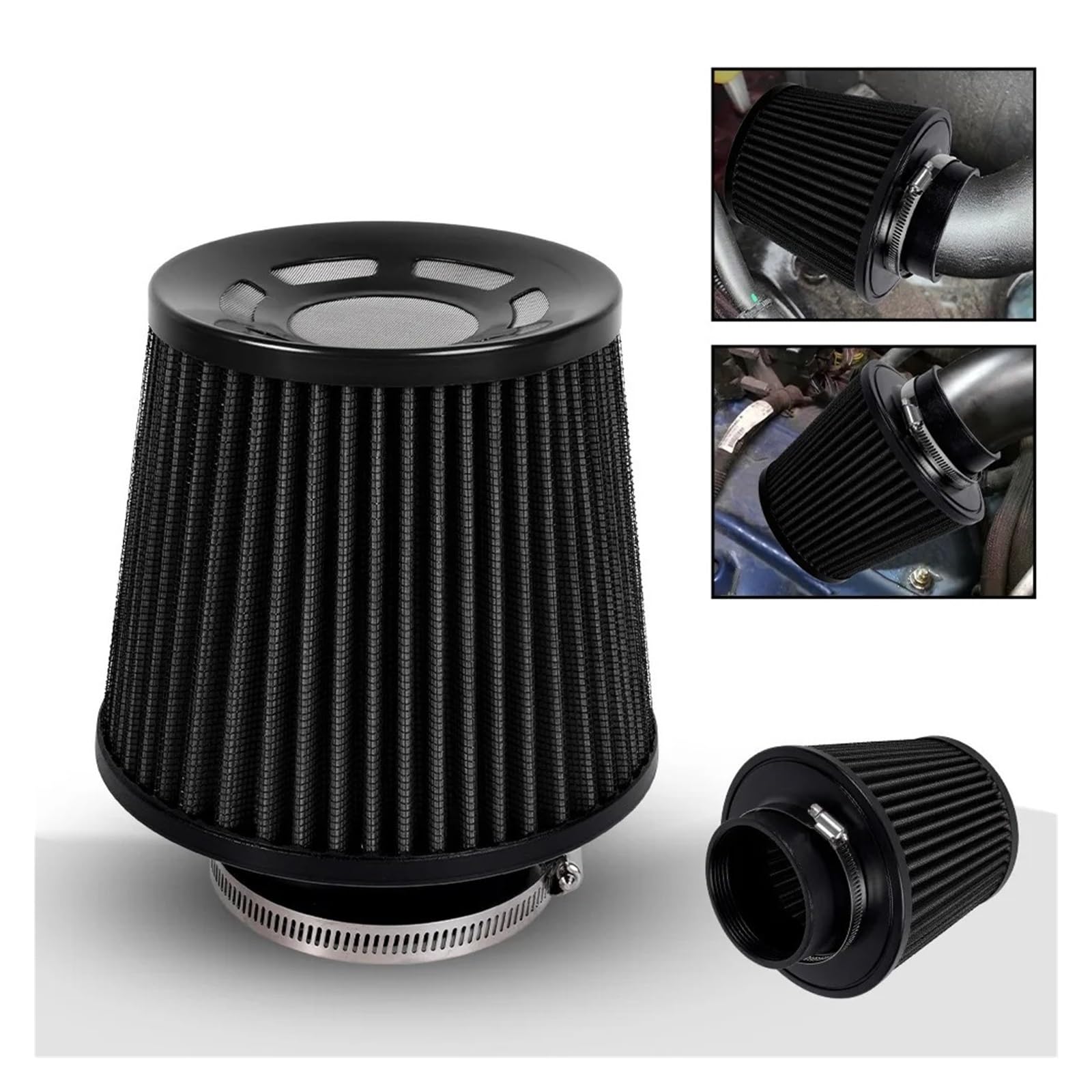 Filtro De Aire Universal Alto Flujo Modificado Para Coche Con Cabeza Seta 76 Mm Tubo Admisión Aire(Black)