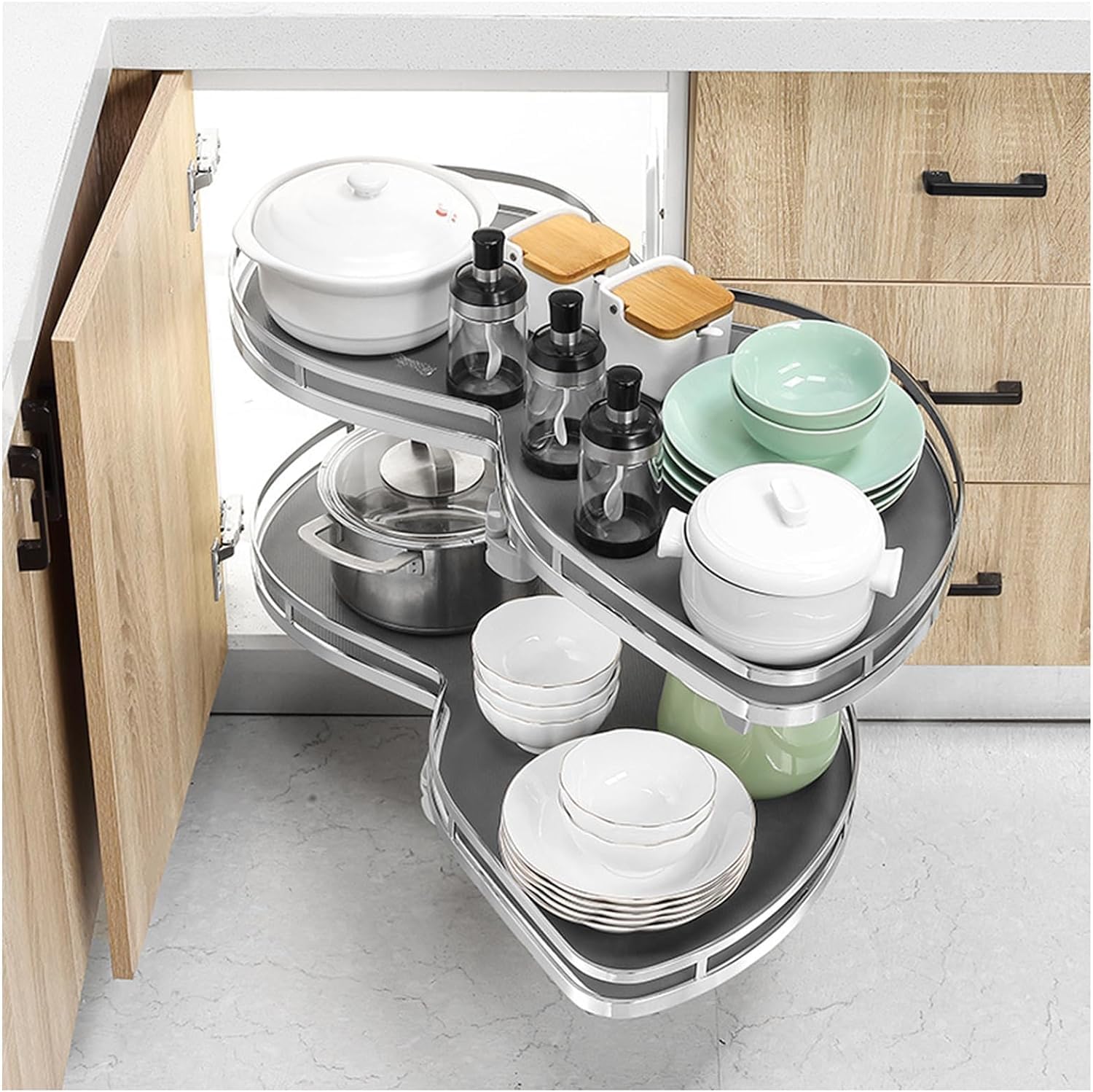Kitchen Cabinet Blind Corner Pullout Organizer, Pull Out Cabinet Organiser 2 Tier Kitchen Cabinet Cupboard, Pull-Out Shelving Unit Flying Saucer Pull Basket 900 mm, Grey(Pull Right(open Left)-900mm)